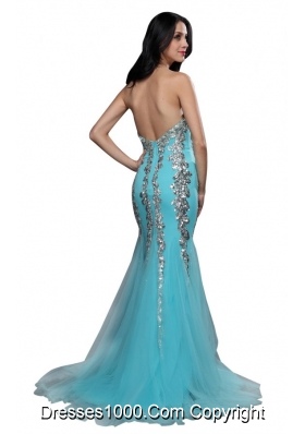 Mermaid Sweetheart Appliques Light Blue Brush Prom Formal Dress