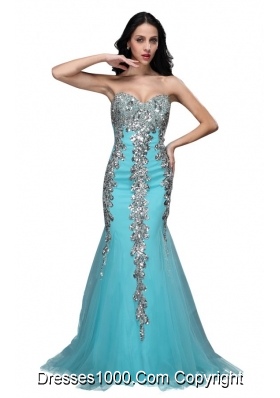 Mermaid Sweetheart Appliques Light Blue Brush Prom Formal Dress