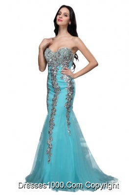 Mermaid Sweetheart Appliques Light Blue Brush Prom Formal Dress