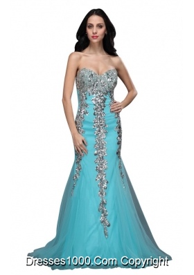 Mermaid Sweetheart Appliques Light Blue Brush Prom Formal Dress