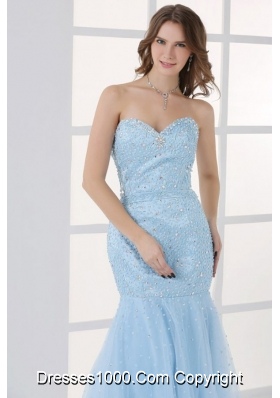 Light Blue Satin and Tulle Mermaid Prom Dress with Beading