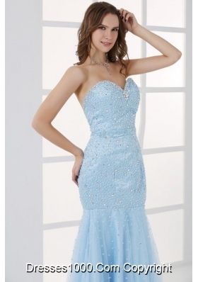 Light Blue Satin and Tulle Mermaid Prom Dress with Beading