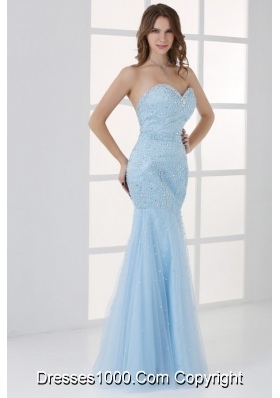 Light Blue Satin and Tulle Mermaid Prom Dress with Beading