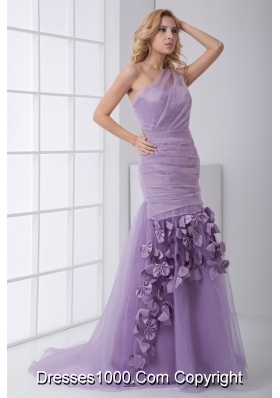 Lilac One Shoulder Prom Dress with Ruches and Hand Made Flower