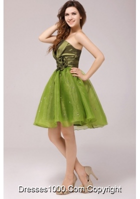 Olive Green V-neck Ruching Hand Made Flower Prom Homecoming Dress