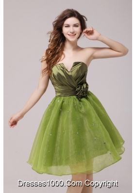 Olive Green V-neck Ruching Hand Made Flower Prom Homecoming Dress