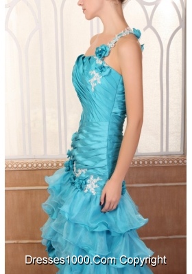 One Shoulder Appliques and Ruffles Layered Prom Dress with Flowers