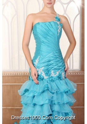 One Shoulder Appliques and Ruffles Layered Prom Dress with Flowers