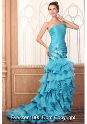 One Shoulder Appliques and Ruffles Layered Prom Dress with Flowers