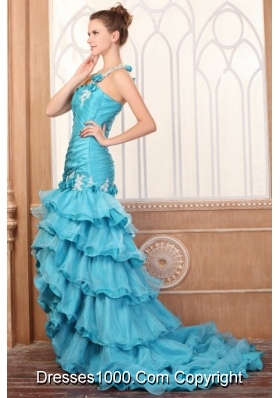 One Shoulder Appliques and Ruffles Layered Prom Dress with Flowers