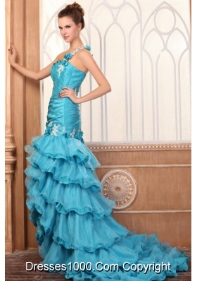 One Shoulder Appliques and Ruffles Layered Prom Dress with Flowers