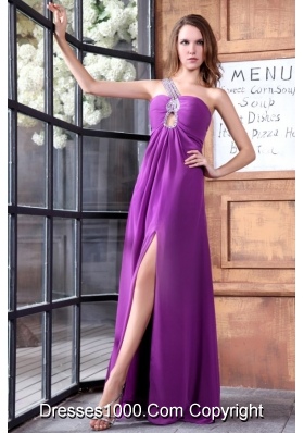 Light Purple Beading Decorate One Shoulder Prom Dress with Slit