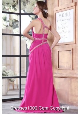 Hot Pink One Shoulder Prom Dress in Chiffon with Beading