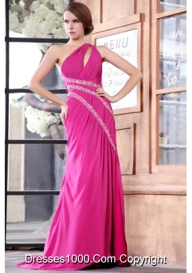 Hot Pink One Shoulder Prom Dress in Chiffon with Beading