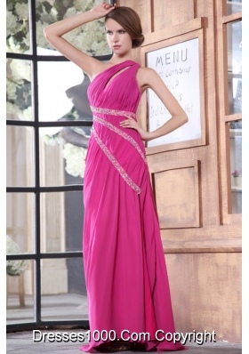 Hot Pink One Shoulder Prom Dress in Chiffon with Beading