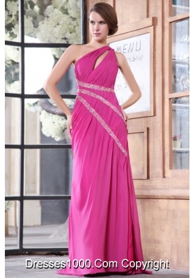 Hot Pink One Shoulder Prom Dress in Chiffon with Beading