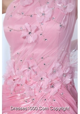 One Shoulder Column Flower and Beading Dress for Prom in Baby Pink