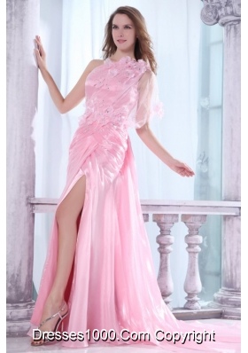 One Shoulder Column Flower and Beading Dress for Prom in Baby Pink