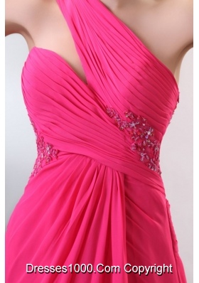 Hot Pink One Shoulder Chiffon Prom Dress with Slit and Train