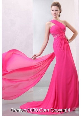 Hot Pink One Shoulder Chiffon Prom Dress with Slit and Train