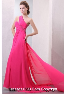 Hot Pink One Shoulder Chiffon Prom Dress with Slit and Train