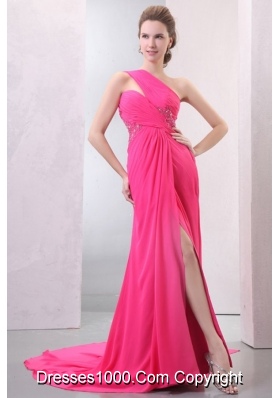 Hot Pink One Shoulder Chiffon Prom Dress with Slit and Train