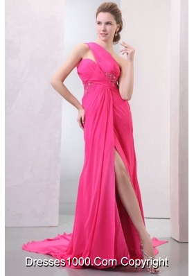 Hot Pink One Shoulder Chiffon Prom Dress with Slit and Train
