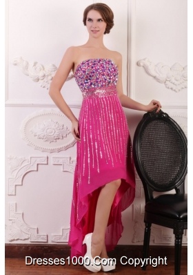 Noble Rose Pink High Low Prom Dress with Sequins and Beading