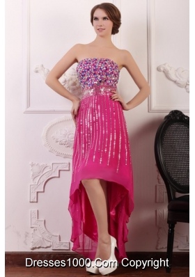 Noble Rose Pink High Low Prom Dress with Sequins and Beading