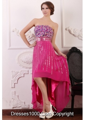 Noble Rose Pink High Low Prom Dress with Sequins and Beading