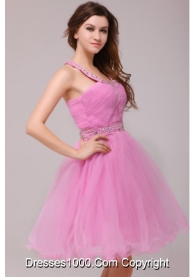 2014 Rose Pink Halter Top Beading and Ruching Prom Cocktail Dresses