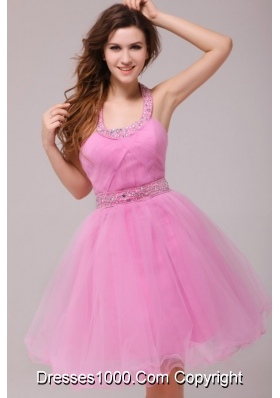 2014 Rose Pink Halter Top Beading and Ruching Prom Cocktail Dresses