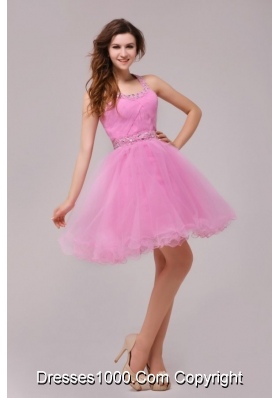 2014 Rose Pink Halter Top Beading and Ruching Prom Cocktail Dresses