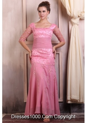 Baby Pink Square Neckline Chiffon Prom Dress with Lace Sleeves