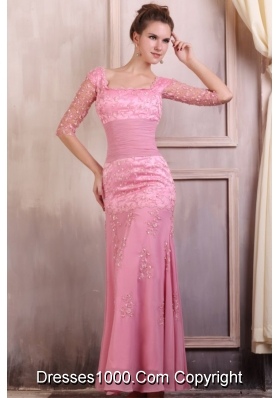 Baby Pink Square Neckline Chiffon Prom Dress with Lace Sleeves