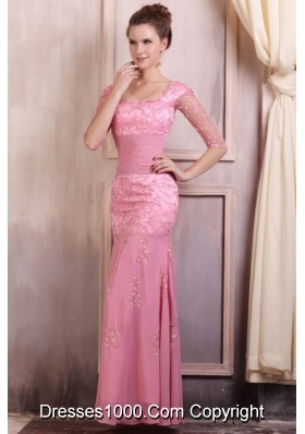 Baby Pink Square Neckline Chiffon Prom Dress with Lace Sleeves