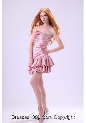 Asymmetrical Pink Short Senior Prom Dress with Ruches and Beading