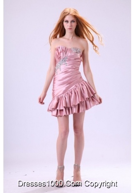 Asymmetrical Pink Short Senior Prom Dress with Ruches and Beading