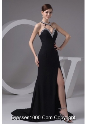 Sexy Black Halter Beading Decorate Prom Dress with Slit and Train