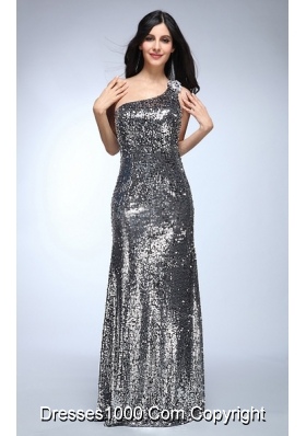 Sheath Silver One Shoulder Sequins Beading Floor-length Prom Dresses