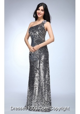 Sheath Silver One Shoulder Sequins Beading Floor-length Prom Dresses