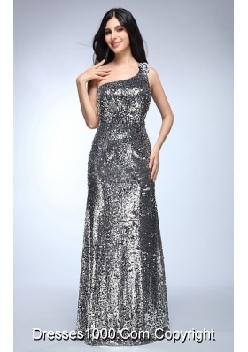 Sheath Silver One Shoulder Sequins Beading Floor-length Prom Dresses