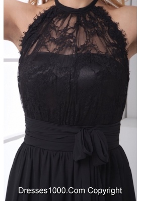 Simple Empire Halter Black Lace Chiffon Floor-length Prom Dress