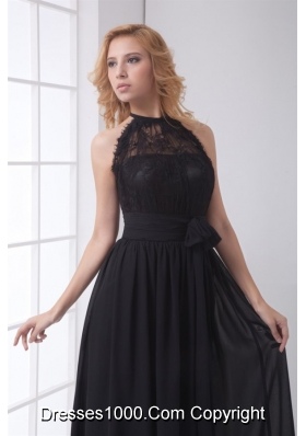 Simple Empire Halter Black Lace Chiffon Floor-length Prom Dress