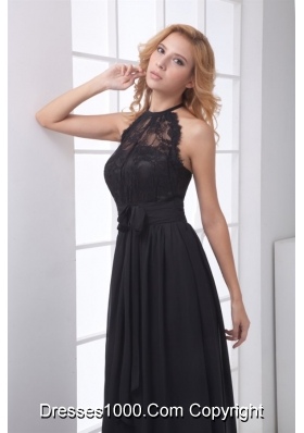 Simple Empire Halter Black Lace Chiffon Floor-length Prom Dress