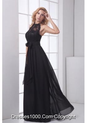 Simple Empire Halter Black Lace Chiffon Floor-length Prom Dress