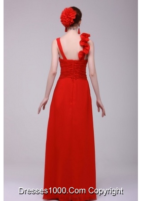 Floral Red Chiffon Prom Dress with Ruches and Straps