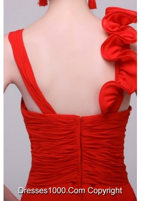 Floral Red Chiffon Prom Dress with Ruches and Straps