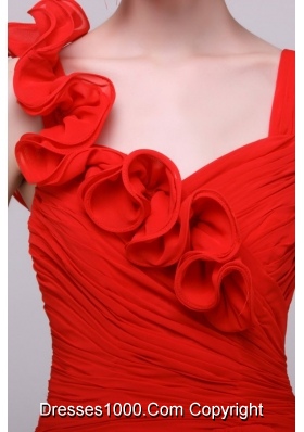 Floral Red Chiffon Prom Dress with Ruches and Straps