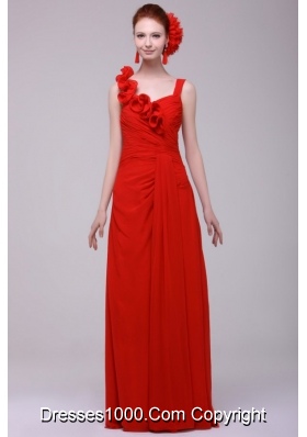 Floral Red Chiffon Prom Dress with Ruches and Straps